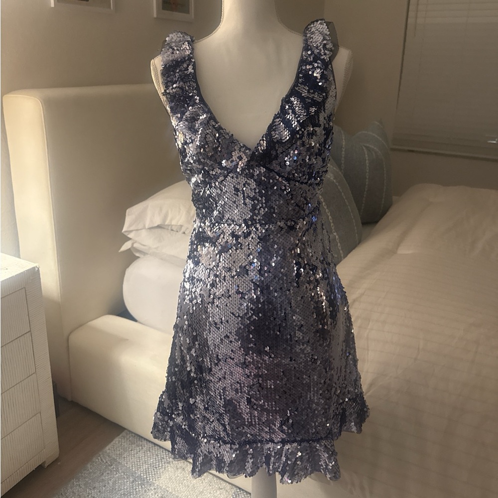 Free People Sequin Mini Dress in Silver and Blue